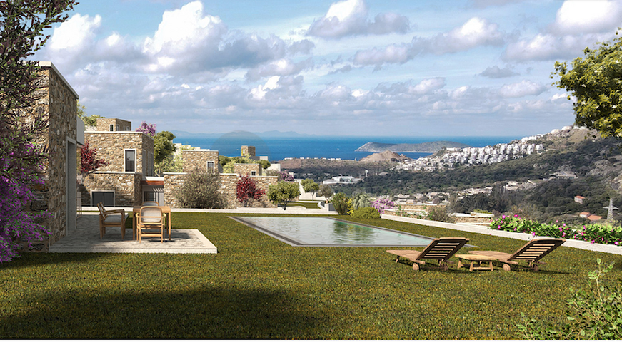 فيلات حجرية تطل على البحر وقرية 