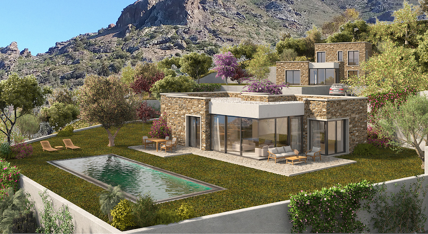 فيلات حجرية تطل على البحر وقرية 