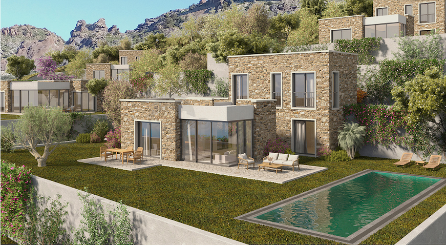 فيلات حجرية تطل على البحر وقرية 