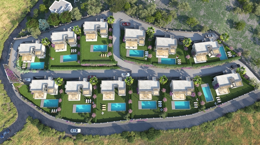 فيلات في منطقة توركبوكيو الخلابة ، محاطة بالخضرة الكثيفة. 