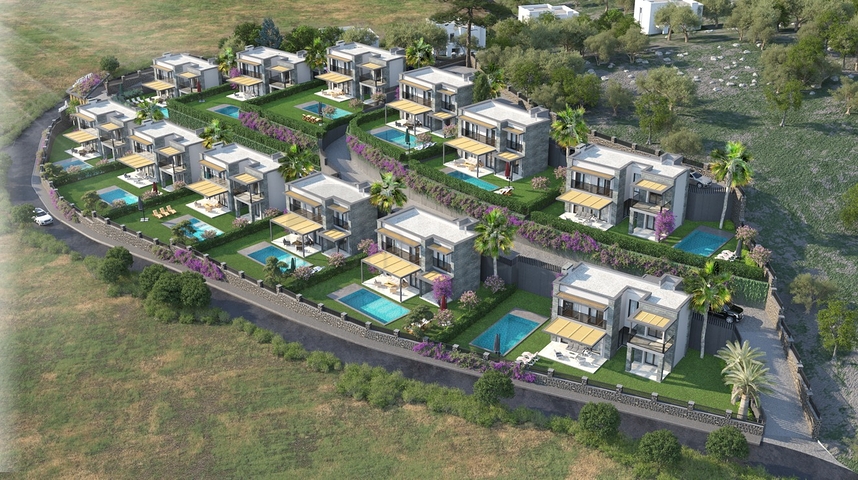 فيلات في منطقة توركبوكيو الخلابة ، محاطة بالخضرة الكثيفة. 