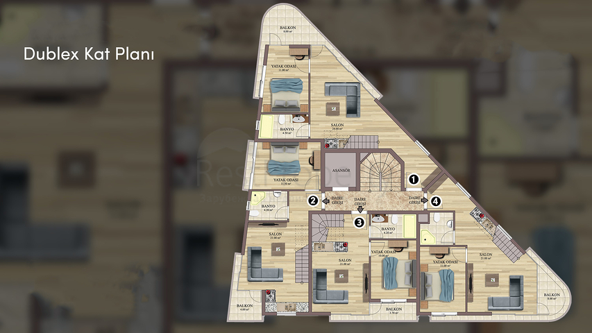 شقق دوبلكس 2 + 1 في حي البرسيمون-أنطاليا