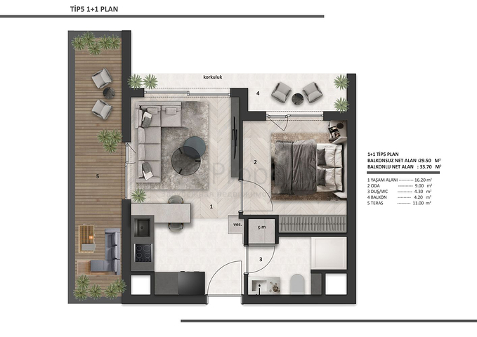 شقق 1+1 في التينتاس-منطقة أنطاليا 