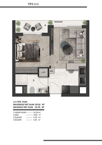شقق 1+1 في التينتاس-منطقة أنطاليا 