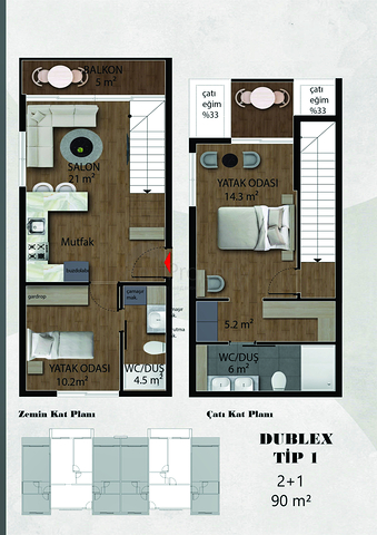 شقق دوبلكس 1+1 و 2+1 في منطقة بيليك أنطاليا