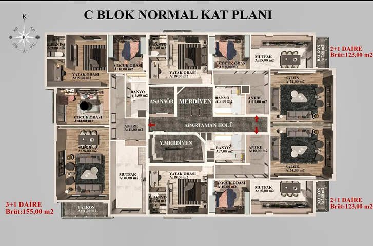 شقق 2+1 ، 3+1 و 4+1 في منطقة كيبيز - أنطاليا