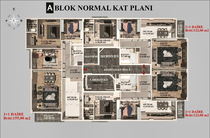 شقق 2+1 ، 3+1 و 4+1 في منطقة كيبيز - أنطاليا