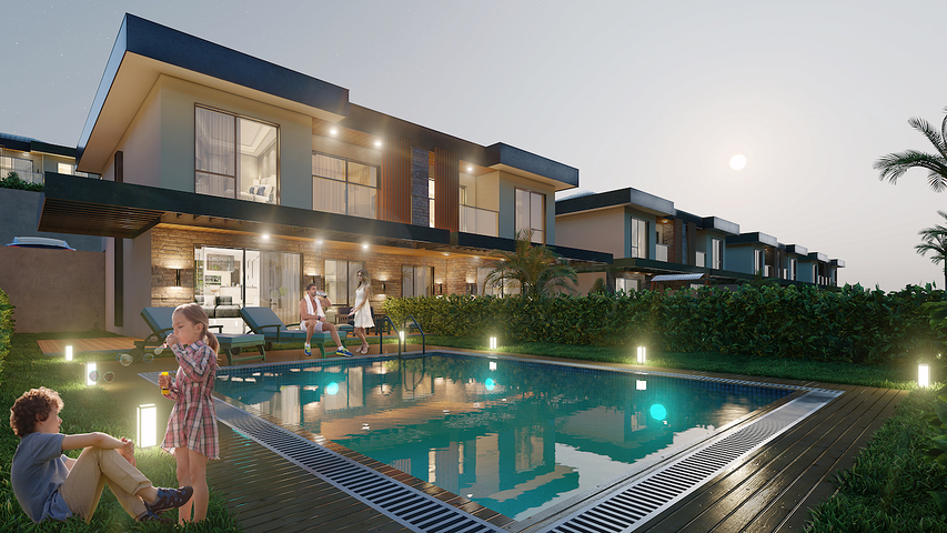 فيلات 3+1 و 4+1 في مجمع صديق للبيئة تحيط به الغابات الصنوبرية في منطقة دورتيبي في الجزء الشرقي من بودروم.