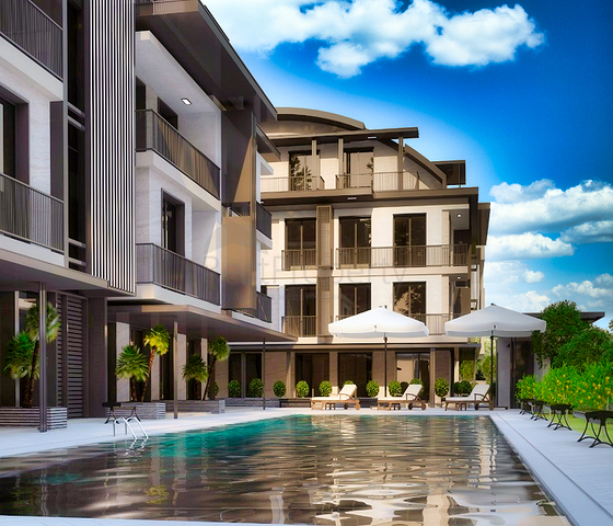 شقق 1 + 1 ، 2 + 1.3 + 1.4 + 1 في مجمع مريح في منطقة لارا - أنطاليا