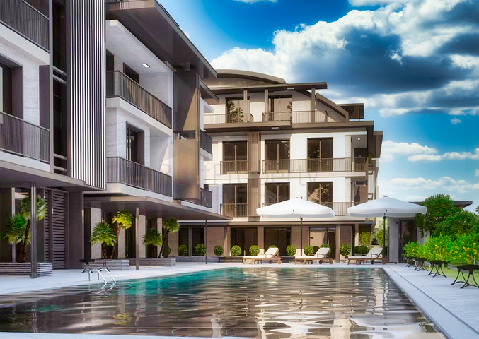 شقق 1 + 1 ، 2 + 1.3 + 1.4 + 1 في مجمع مريح في منطقة لارا - أنطاليا