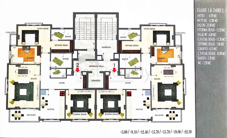 شقق 2 + 1 ، 3 + 1 في منطقة كيبيز - أنطاليا