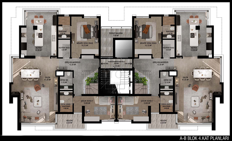 تخطيط شقق 3 + 1 ، 4 + 1 في منطقة أولوش - أنطاليا