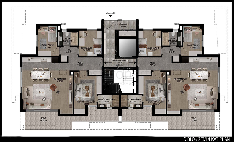 تخطيط شقق 3 + 1 ، 4 + 1 في منطقة أولوش - أنطاليا