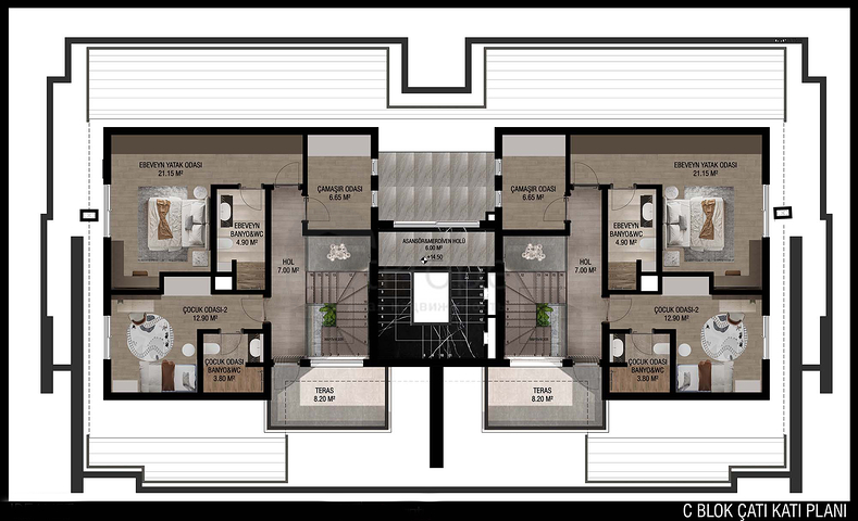 تخطيط شقق 3 + 1 ، 4 + 1 في منطقة أولوش - أنطاليا
