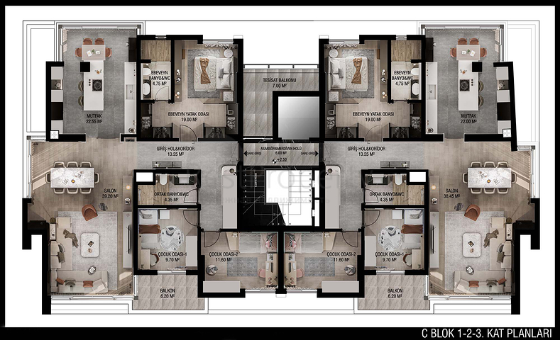 تخطيط شقق 3 + 1 ، 4 + 1 في منطقة أولوش - أنطاليا