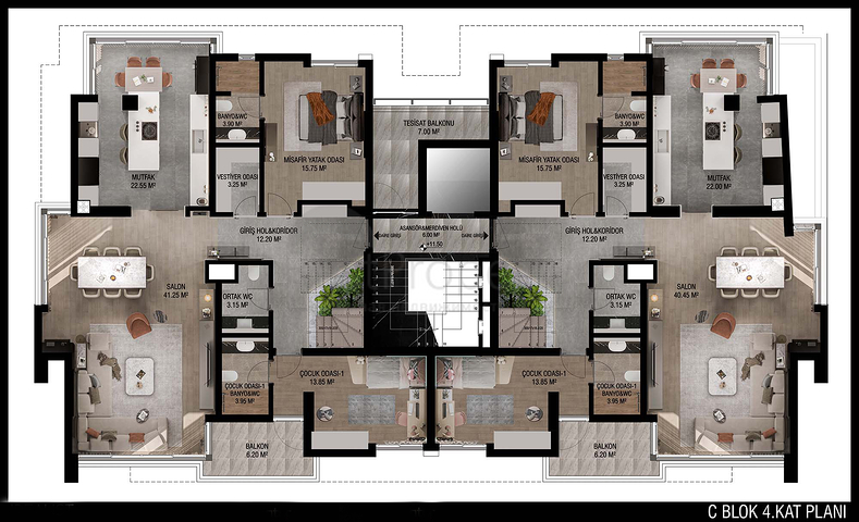 تخطيط شقق 3 + 1 ، 4 + 1 في منطقة أولوش - أنطاليا