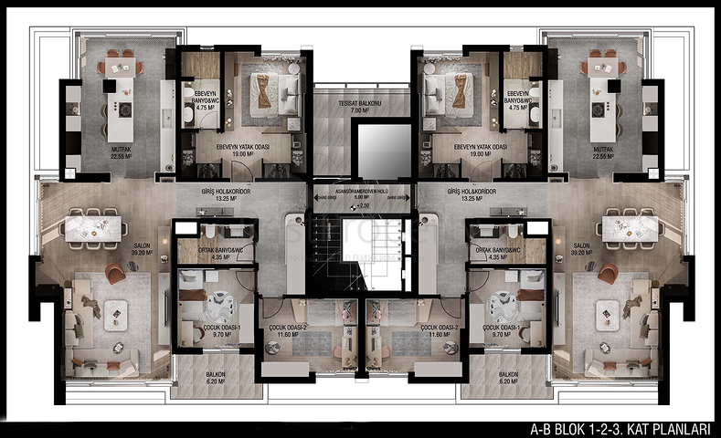 تخطيط شقق 3 + 1 ، 4 + 1 في منطقة أولوش - أنطاليا
