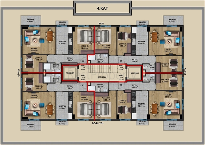 مشروع استثماري ، شقق 2 + 1 ، 3 + 1 ، 4 + 1 في وسط أنطاليا