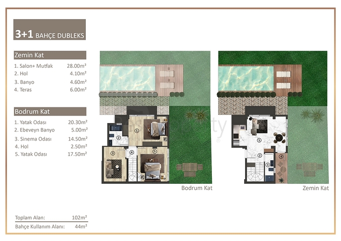شقق 2 + 1 ، 3 + 1 مخطط لها في كونيالتي - أنطاليا