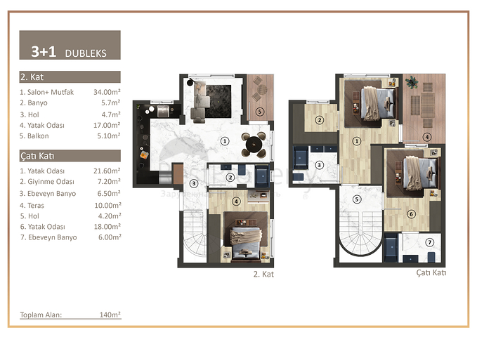 شقق 2 + 1 ، 3 + 1 مخطط لها في كونيالتي - أنطاليا
