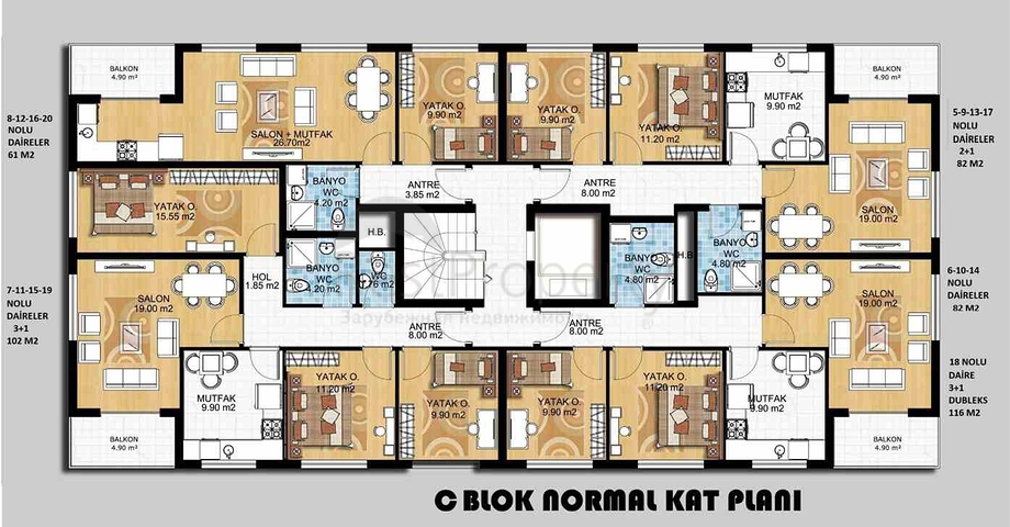 شقق 1 + 1 ، 2 + 1 و 3 + 1 في منطقة جيبزلي- أنطاليا