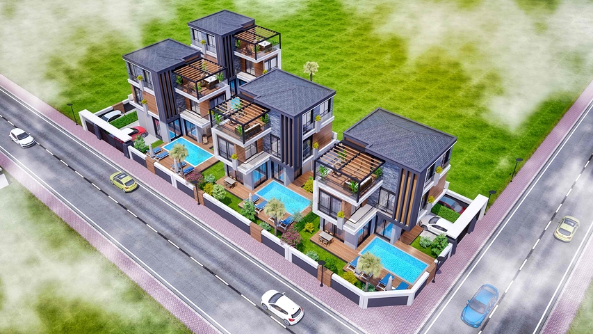 فلل في المجمع ، تخطيط 4 + 1 في منطقة دوشيميالتي-أنطاليا 