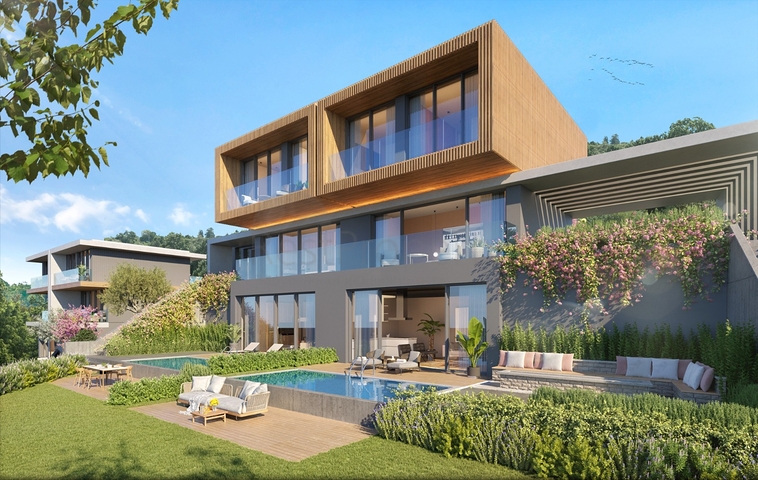 فيلات على الطراز الحديث تطل على البحيرة.