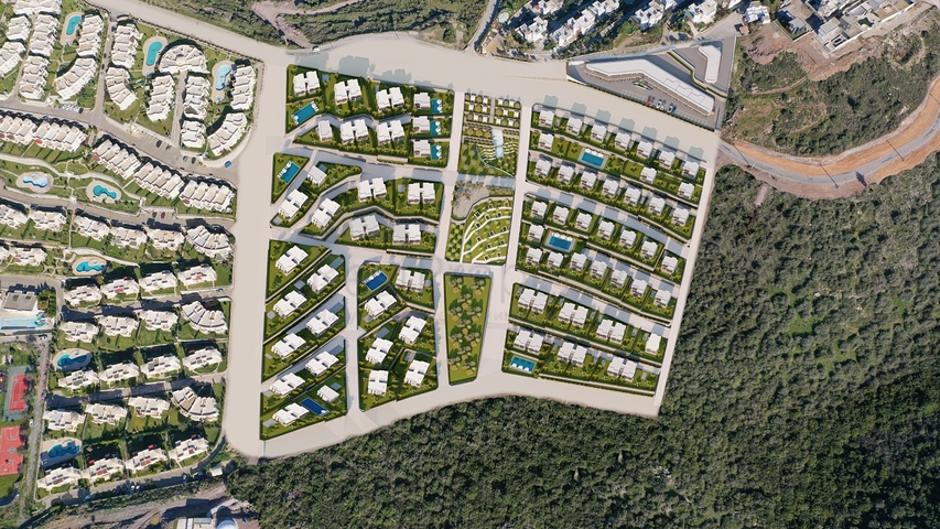 مجمع سكني مثالي محاط بالخضرة المورقة.