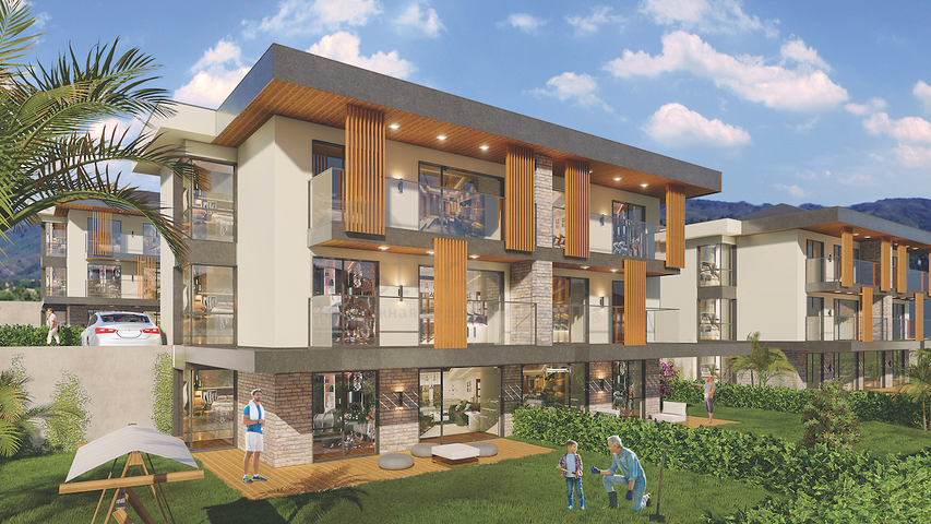 شقق 2+1 في مجمع صديق للبيئة تحيط به الغابات الصنوبرية في منطقة دورتيبي في الجزء الشرقي من بودروم.